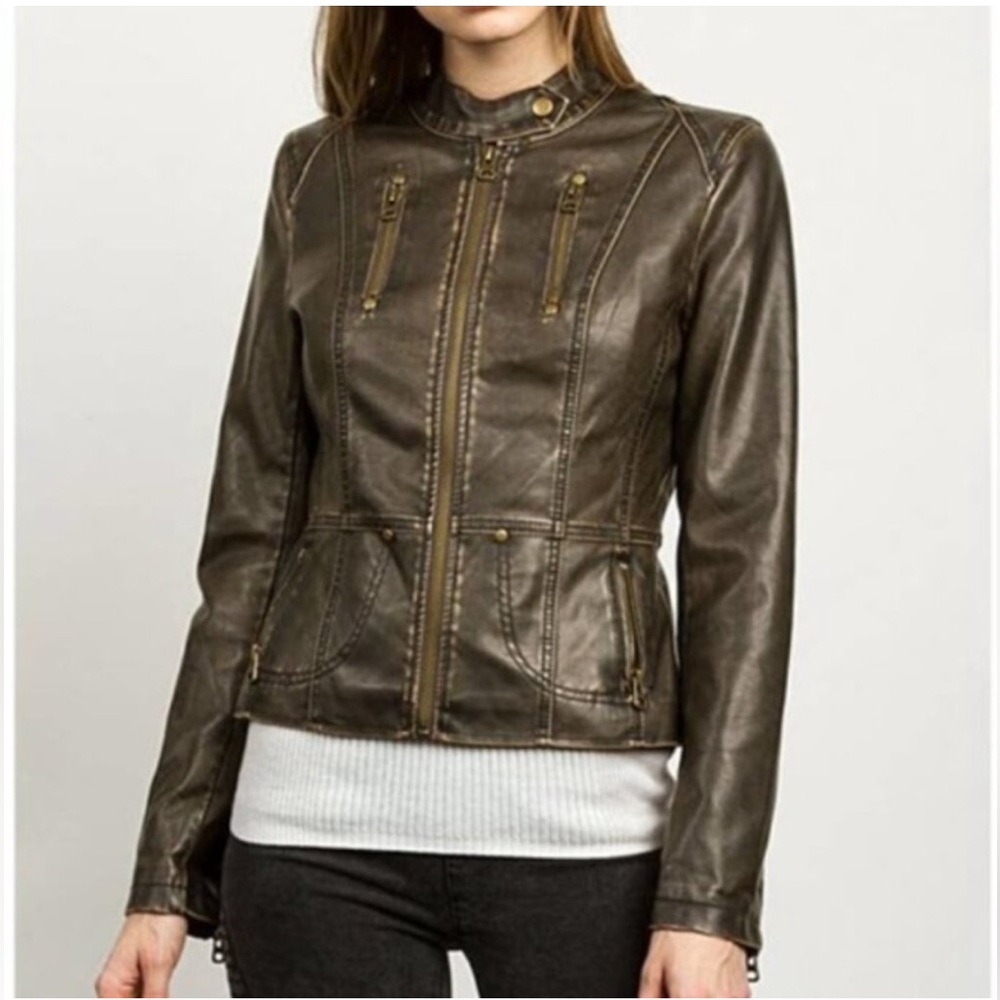 TCEC Peace of Mind Washed Brown Vegan Leather Moto  Jacket Street Plus size XXL - Picture 4 of 17